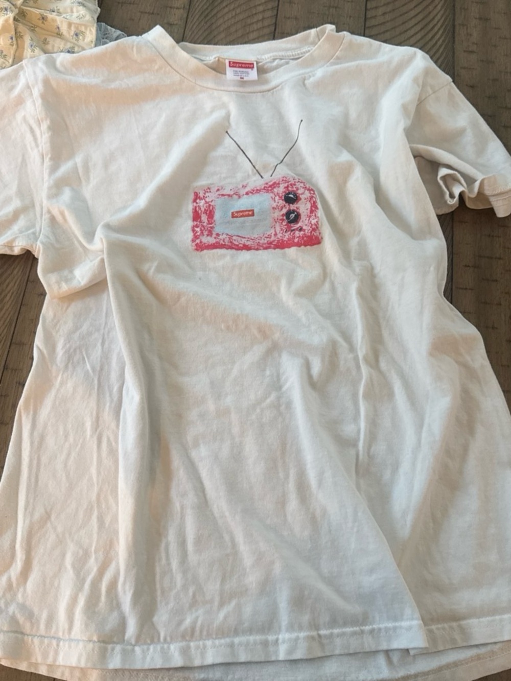 Supreme White Crewneck Tee with Red Logo Tag